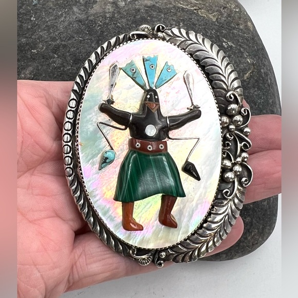 Signed Zuni Apache Mountain Dancer Kachina Sterling Multi Stone Bolo Tie Slide - Picture 3 of 5